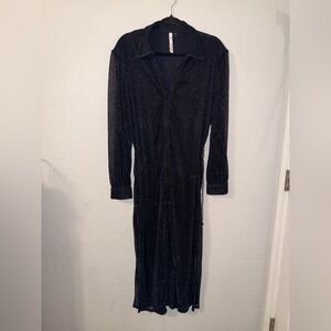 Navy Blue Shimmer Button Down Dress w/ Chain Belt Long Sleeve Collared size 1X-H